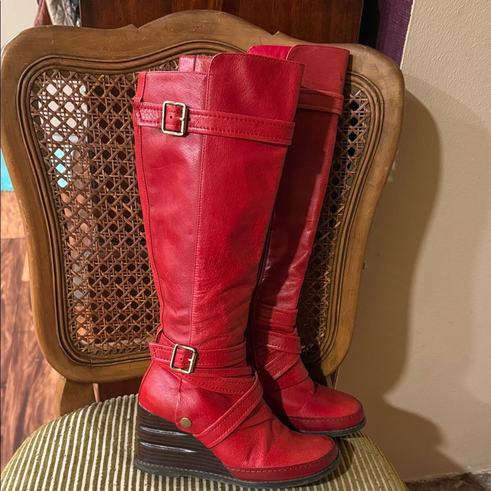 Miz Mooz Red Leather Knee-High Wedge Boots. Size 6.5